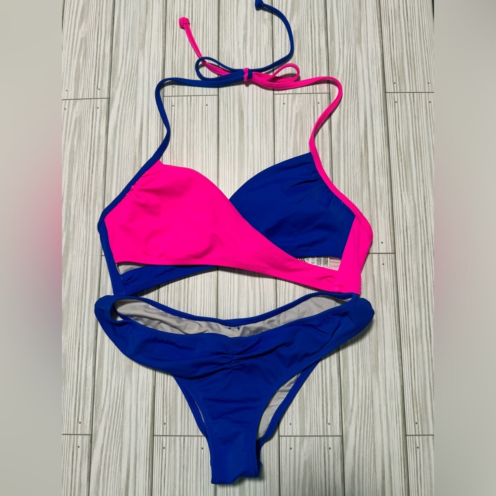 Victoria's Secret PINK Swim Bikini Set Colorblock Blue & Pink S/XS Scrunch